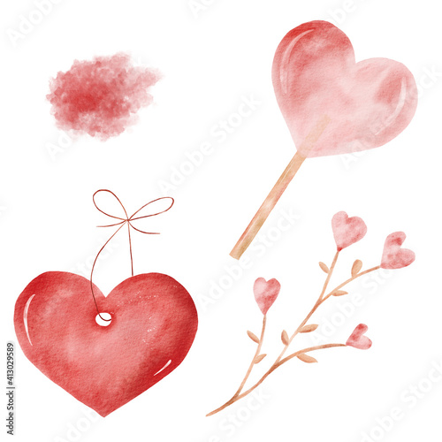 Obraz na płótnie Love watercolor clipart set with red texture, heart shaped candy, pendant, flowers. w salonie