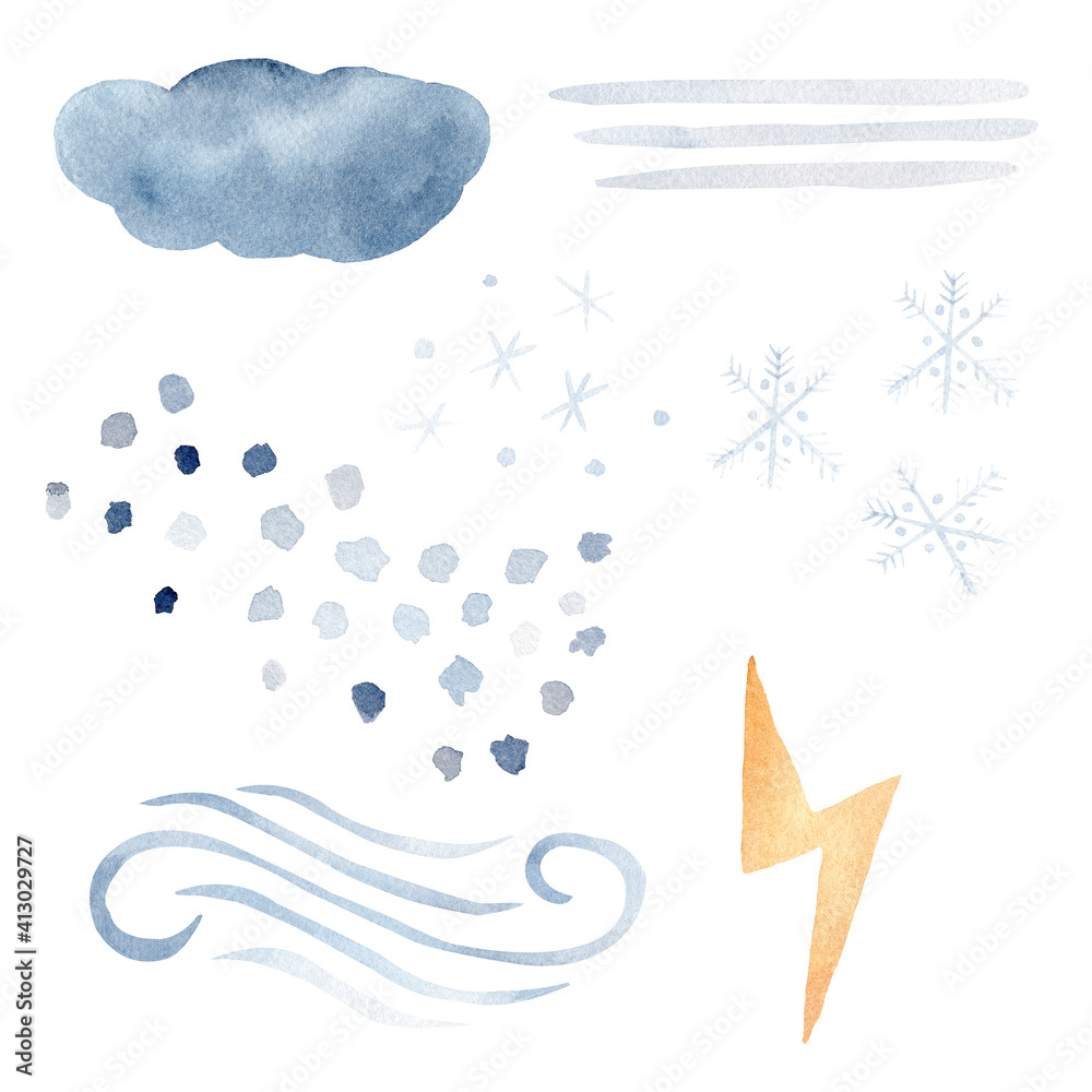 Watercolor clipart set with weather element. Cloud, raindrops, snowflakes, lighting bolt illustrations.