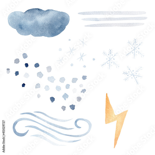 Obraz na płótnie Watercolor clipart set with weather element. Cloud, raindrops, snowflakes, lighting bolt illustrations. w salonie