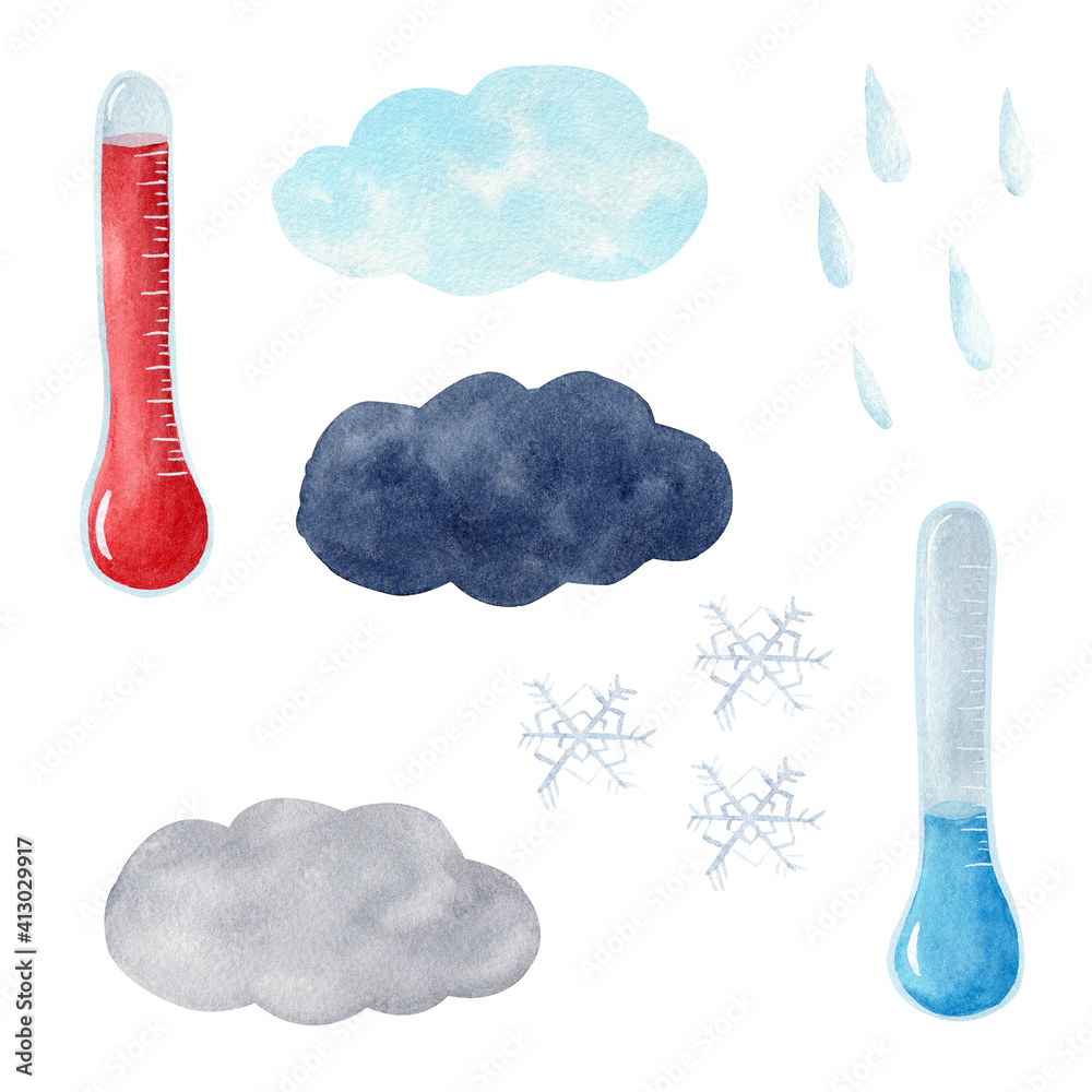 Watercolor thermometer, clouds, raindrops, snowflakes. Weather elements clipart set.