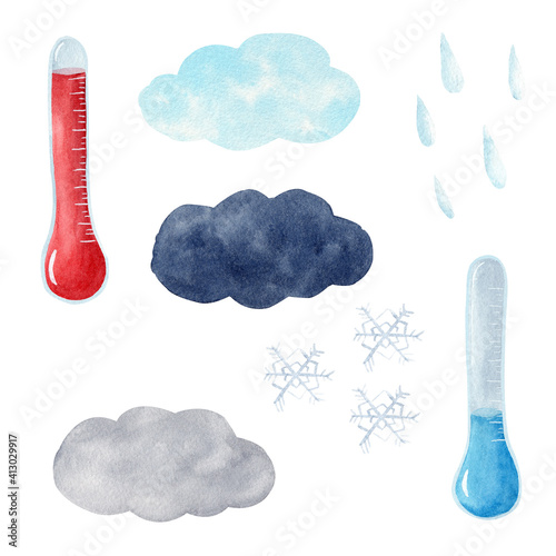 Obraz na płótnie Watercolor thermometer, clouds, raindrops, snowflakes. Weather elements clipart set. w salonie