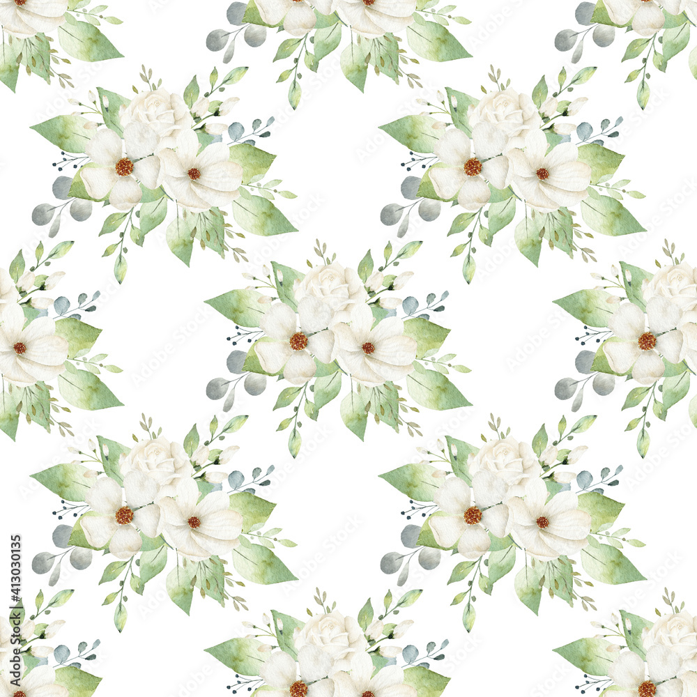 Watercolor white flowers digital paper. Aquarelle floral illustration for textile, fabric, invitation, wedding.
