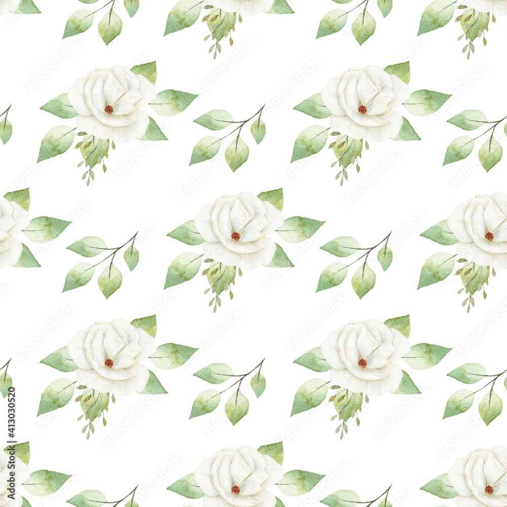 Watercolor white flowers digital paper. Hand painted clipart. Graphics for diy, wallpaper.