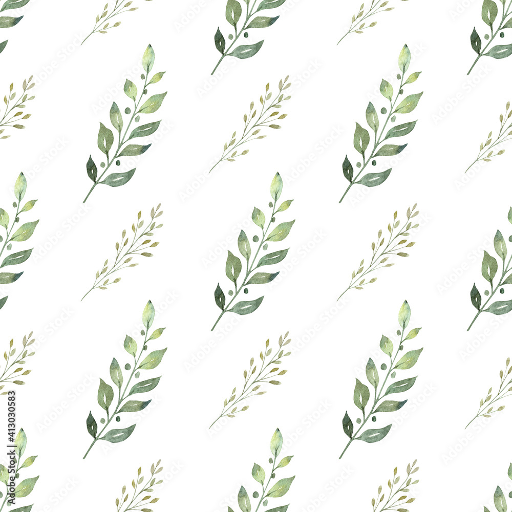 Greenery leaves branch digital paper. Hand drawn seamless pattern watercolor clipart.