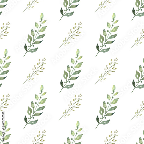 Obraz na płótnie Greenery leaves branch digital paper. Hand drawn seamless pattern watercolor clipart. w salonie