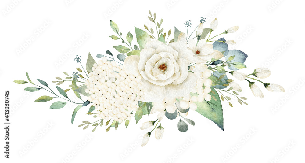 White flowers bouquet watercolor clipart isolated on white background.