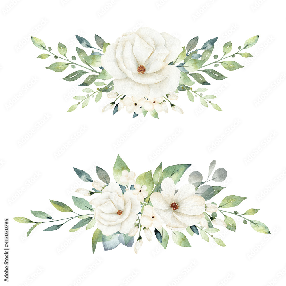 White flowers bouquet watercolor illustration. Hand painted clipart.