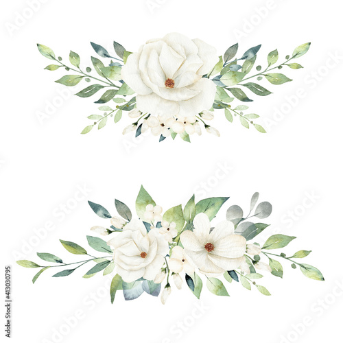 Obraz na płótnie White flowers bouquet watercolor illustration. Hand painted clipart. w salonie