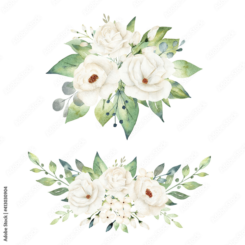 Watercolor white flowers and greenery leaves bouquets. Hand painted clipart.
