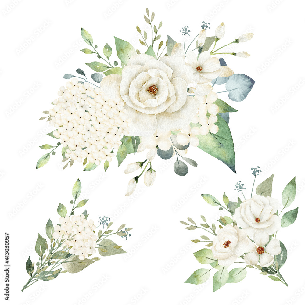 White flowers and greenery leaves watercolor clipart isolated on white background.