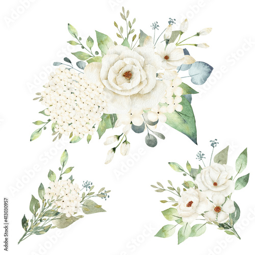 Obraz na płótnie White flowers and greenery leaves watercolor clipart isolated on white background. w salonie