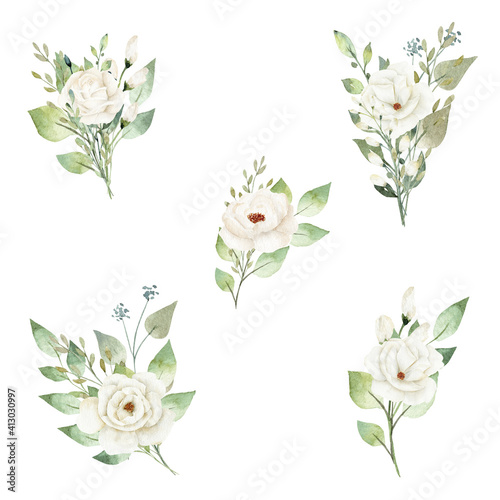Obraz na płótnie Watercolor white flowers and greenery leaves clipart. Floral illustration for textile, fabric, scrapbooking. w salonie