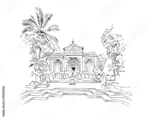 Kelja Raja Maha Viharah. Sri Lanka. Colombo. Buddhist temple in Celania. Hand drawn vector illustration.