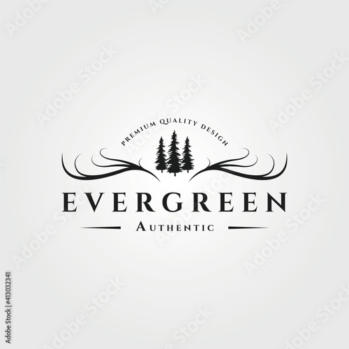pine tree with antler logo vector evergreen vintage symbol illustration design