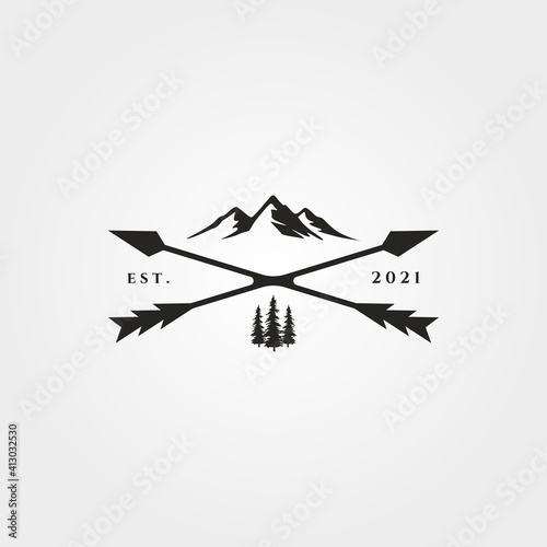 arrow cross adventure outdoor logo vector vintage symbol illustration design, vintage mountain symbol design