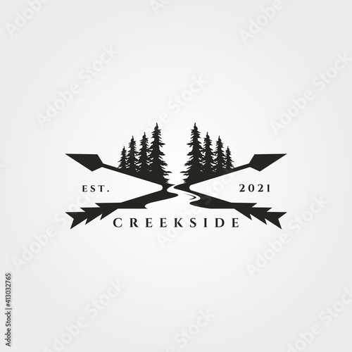 pine tree river logo landscape vector vintage illustration design