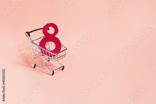 8 march sale banner. Copy space. Number in shopping cart. International women day discount 