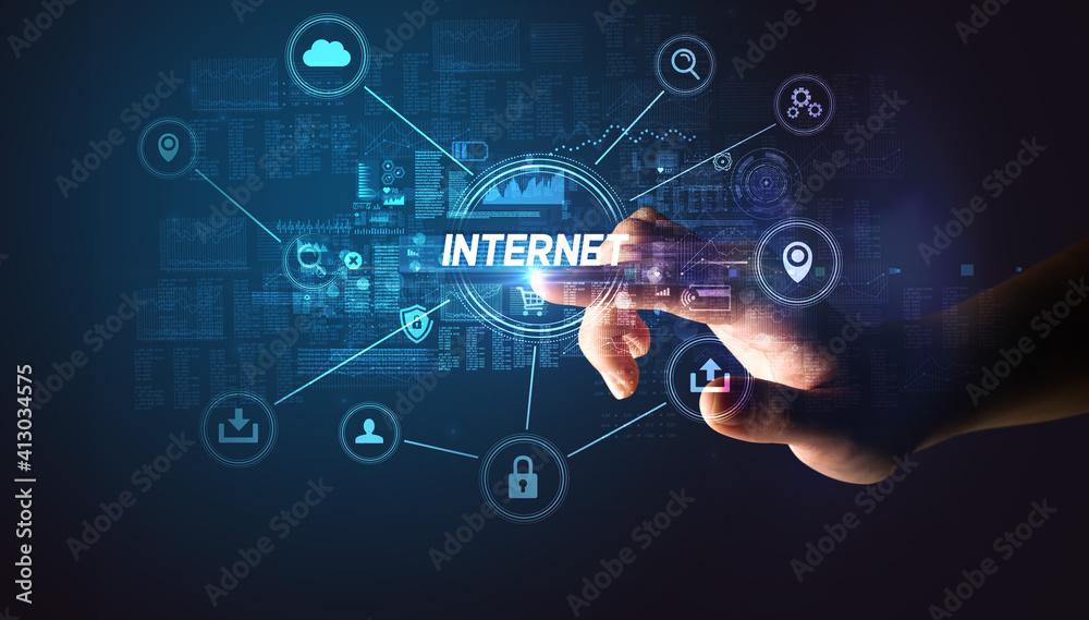 Hand touching INTERNET inscription, Cybersecurity concept Hand touching INTERNET inscription, Cybersecurity concept