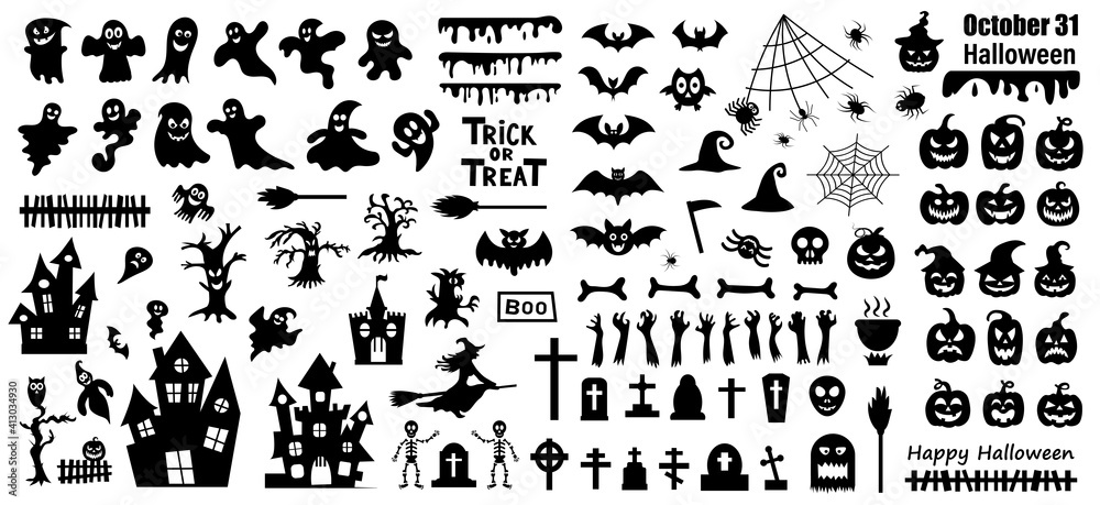 Fototapeta premium Set of silhouettes of Halloween on a white background. Vector illustration