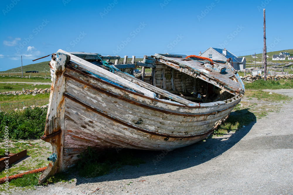 Wreck of a wooden boat beached in North Mayo Ireland