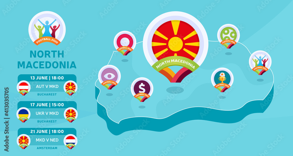 North Macedonia natioanal team matches on Isometric map vector illustration. Football 2020 tournament final stage infographic and country info. Official championship colors and style