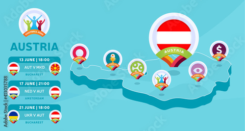 Austria natioanal team matches on Isometric map vector illustration. Football 2020 tournament final stage infographic and country info. Official championship colors and style