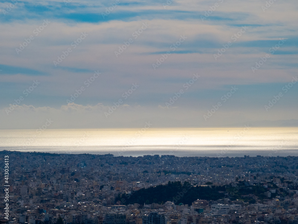 View from Lycabettus Hill to Athens city until Piraeus at evening time