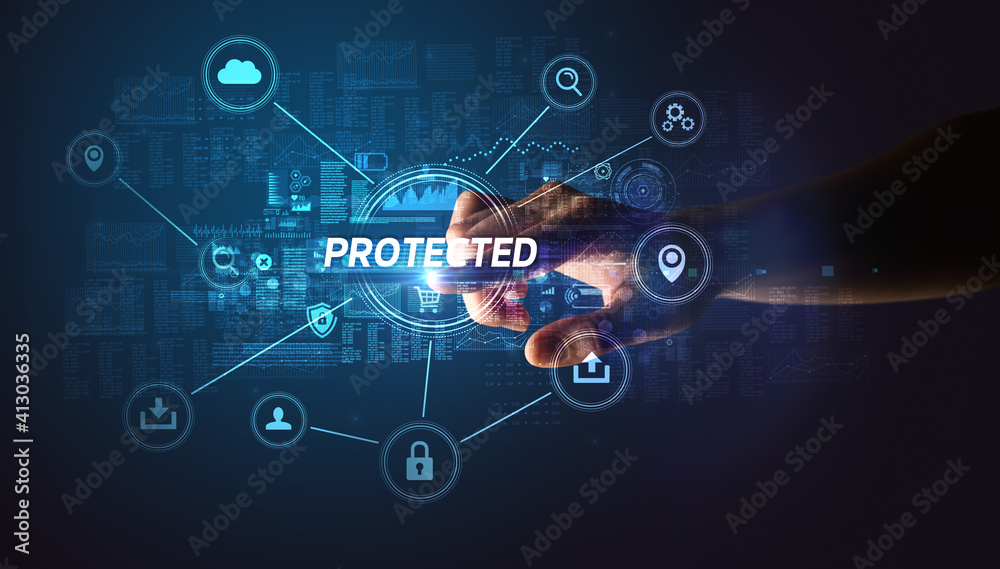 Hand touching PROTECTED inscription, Cybersecurity concept Hand touching PROTECTED inscription, Cybersecurity concept