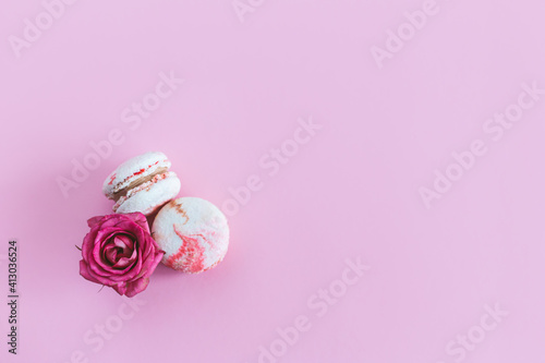 Tasty french macaroons with pink roses on a pink pastel background.