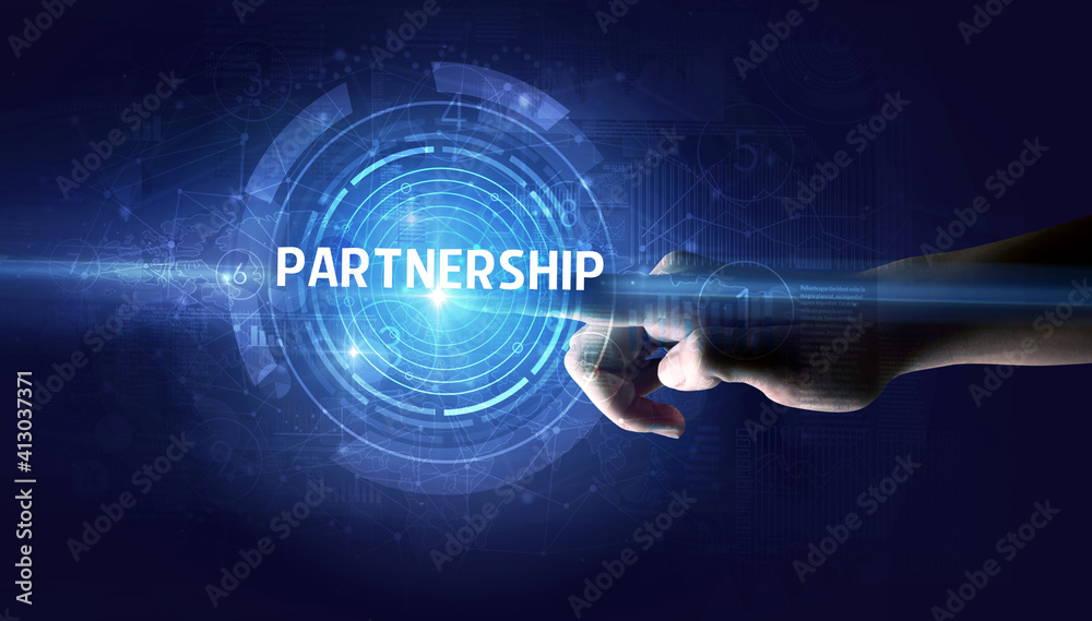 Hand touching PARTNERSHIP button, modern business technology concept Hand touching PARTNERSHIP button, modern business technology concept