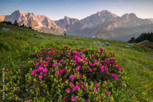 Mountains Orobie during sunset in spring season, Lombardy, Italy
