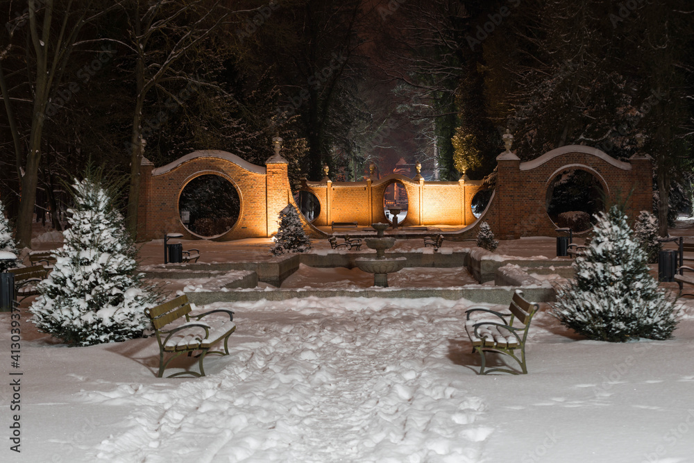 Obraz premium Park Dworski w Iłowej. Zimowa noc. Bramy księżycowe.