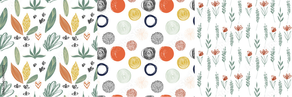 Set of neckless patterns. Trendy geometric shapes, seedlings, brush strokes, abstract and floral pattern elements.
