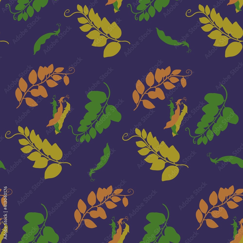 seamless pattern with bright green leaves, green pea