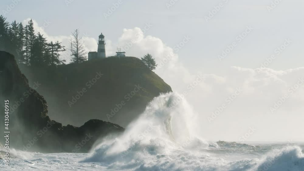 King Tide Wave Slow Motion Under Cape Disappointment Lighthouse