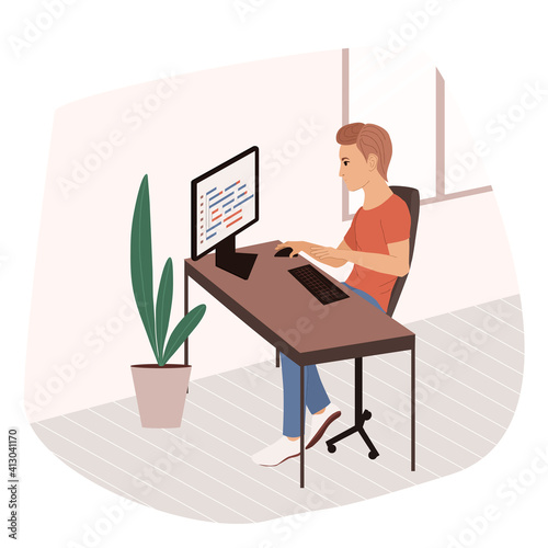 Programmer at work on web development on a computer. The concept of coding and programming scripts. Software developer.