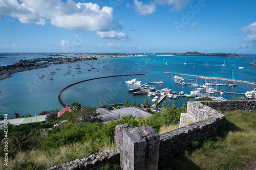 The harbour view at dusk from Fort Louis at Marigot, the French capital of St Martin in the Caribbean photo