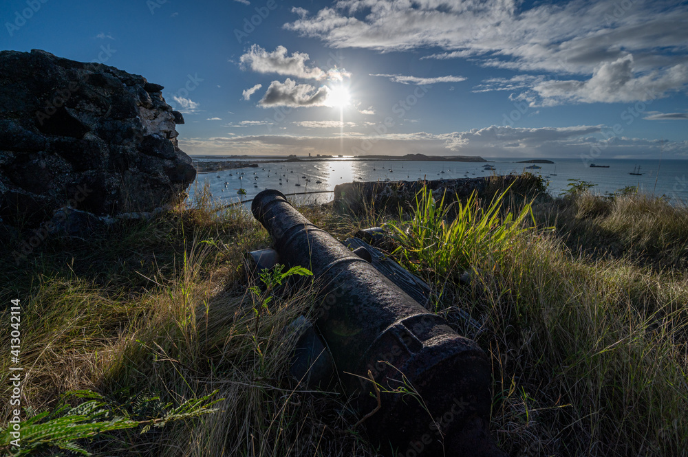 The harbour view at dusk from Fort Louis at Marigot, the French capital of St Martin in the Caribbean The harbour view at dusk from Fort Louis at Marigot, the French capital of St Martin in the Caribbean