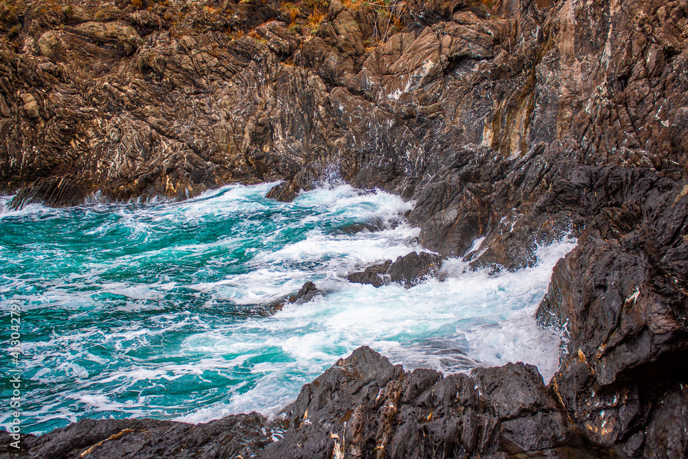 Powerful Waves on a rocky beach coast