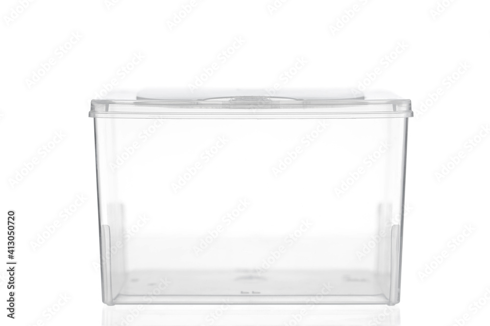 Empty Plastic Container on whit background. Empty transparent