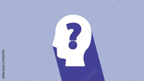 White Human head with question mark icon isolated on purple background. 4K Video motion graphic animation