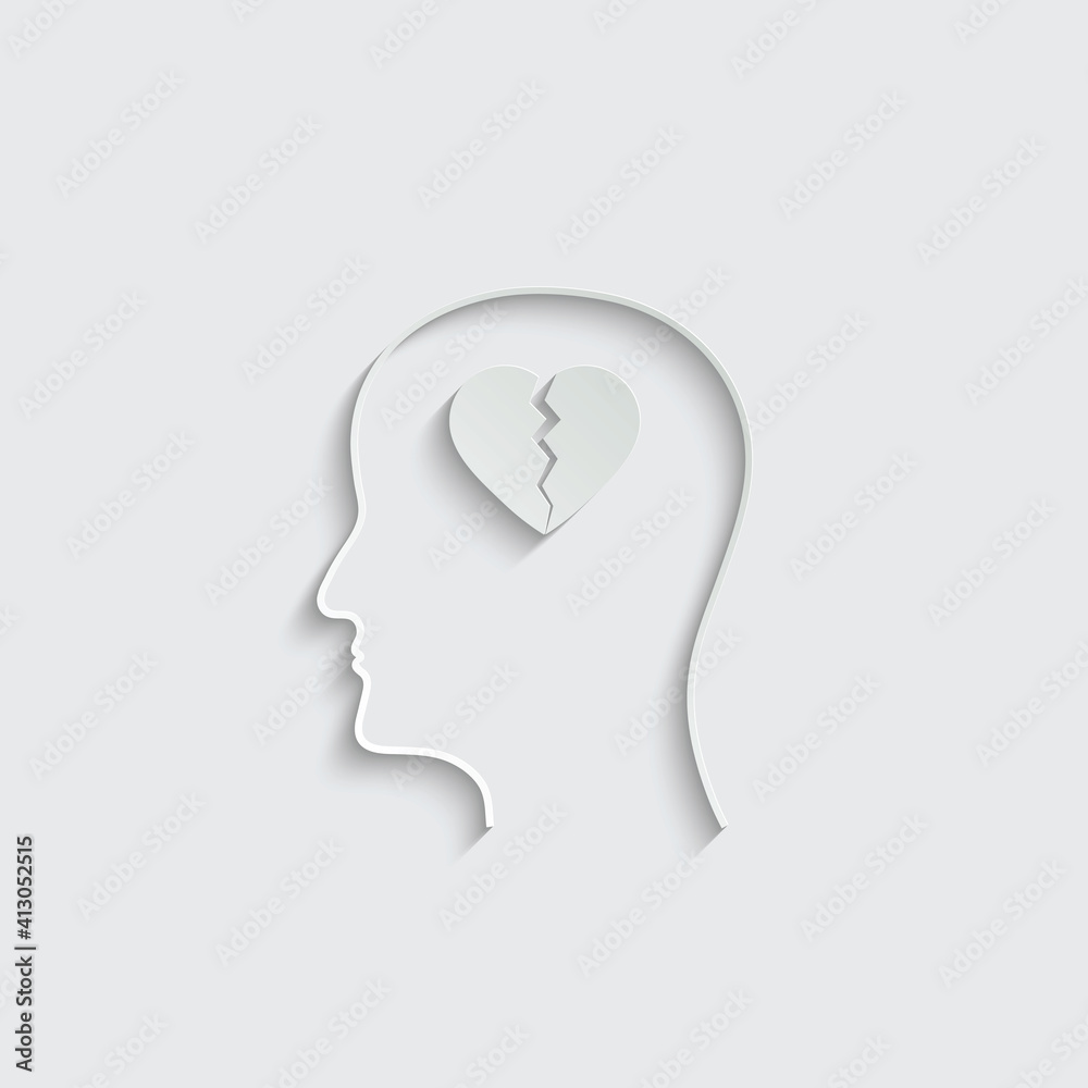 Paper head with broken heart icon. love sign vector Paper head with broken heart icon. love sign vector