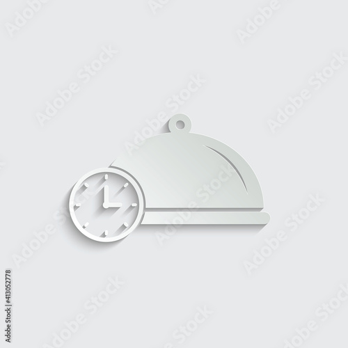Paper time to eat icon. Food platter serving sign - black vector icon