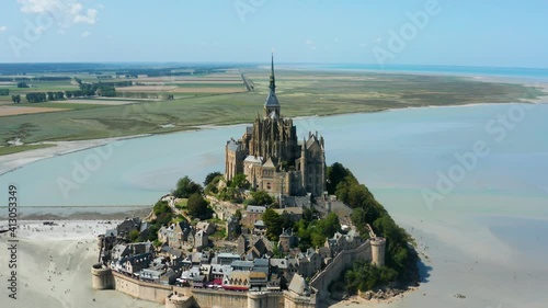 Flight over fascinating  Mont Saint-Michel island in France