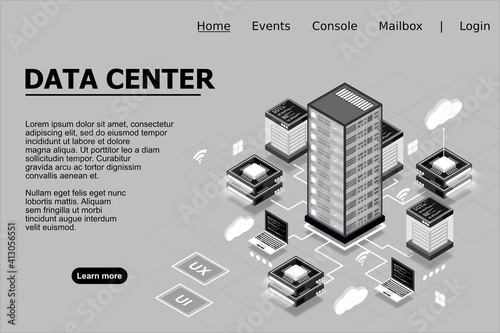 Computer technology isometric icon, server room, digital device set, element for design, pc laptop, server, cloud storage, vector illustration