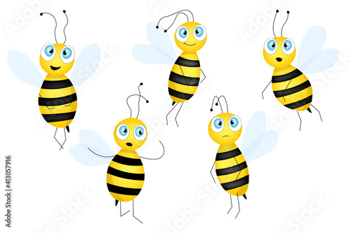 Big set of cartoon cute bee mascot. A small bees flies. Wasp collection. Vector character. Insect icon. Template design for invitation, cards, wallpaper, kindergarten. Doodle style.