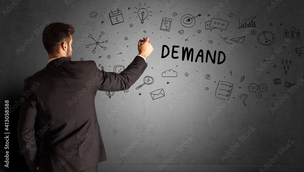 businessman drawing a creative idea sketch with DEMAND inscription, business strategy concept businessman drawing a creative idea sketch with DEMAND inscription, business strategy concept
