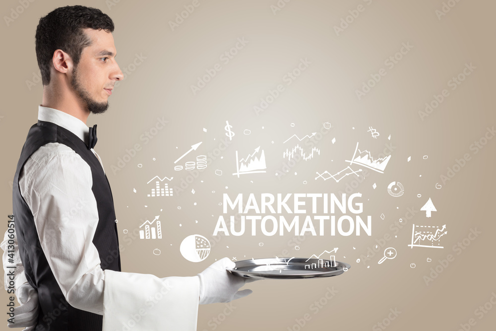 Waiter serving business idea concept with MARKETING AUTOMATION inscription Waiter serving business idea concept with MARKETING AUTOMATION inscription