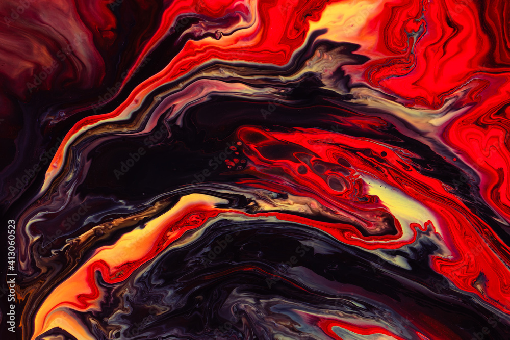 Obraz premium Fluid art texture. Backdrop with abstract swirling paint effect. Liquid acrylic artwork with flows and splashes. Mixed paints for website background. Red, brown, yellow and black overflowing colors