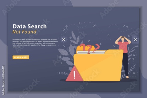 Data search not found illustration concept landing page with tiny people character. Contains such icons as Looking For, Search, Not Found. Good for websites, landing page, posters, and banner
